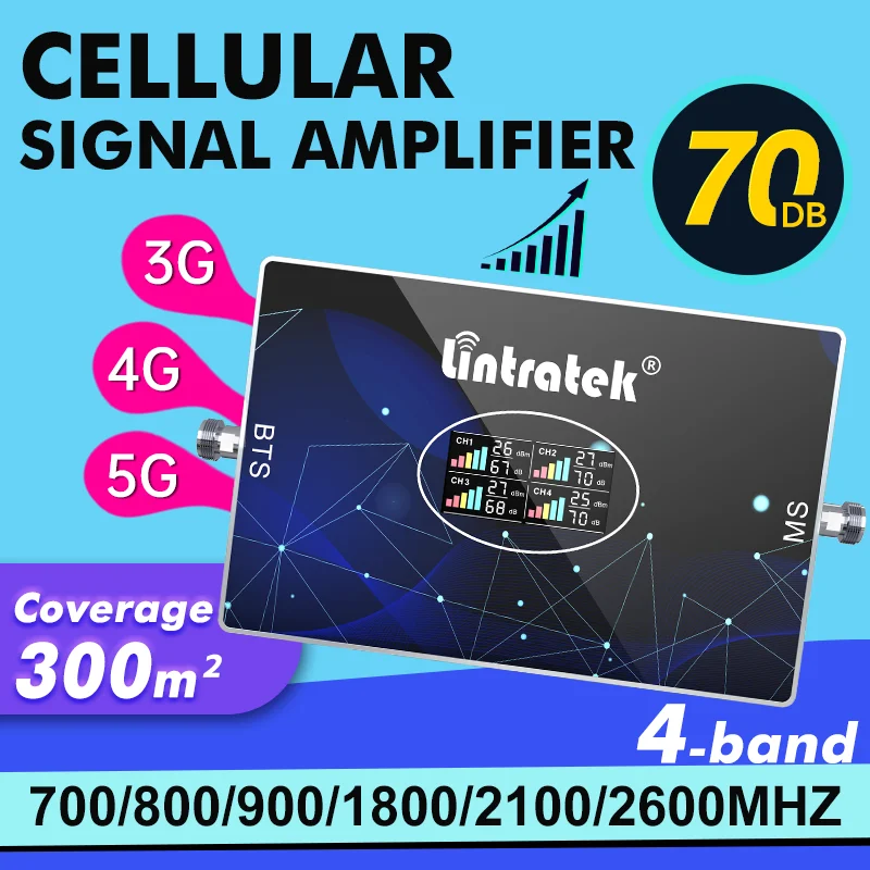 Lintratek Cellular Amplifier 4 Band B20 800 GSM 900 1800 2100 B7 2600 B28 700 LTE 3G 4G Signal Booster Amplify signal for phone