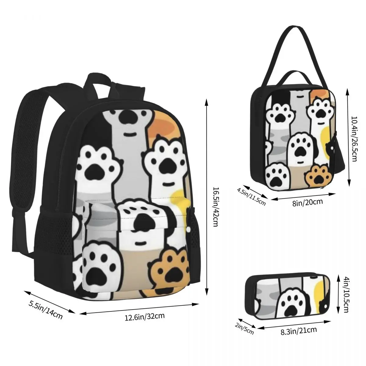 Cat Paw Lover Backpacks Boys Girls Bookbag Students School Bags Kids Rucksack Lunch Bag Pen Bag Three-Piece Set
