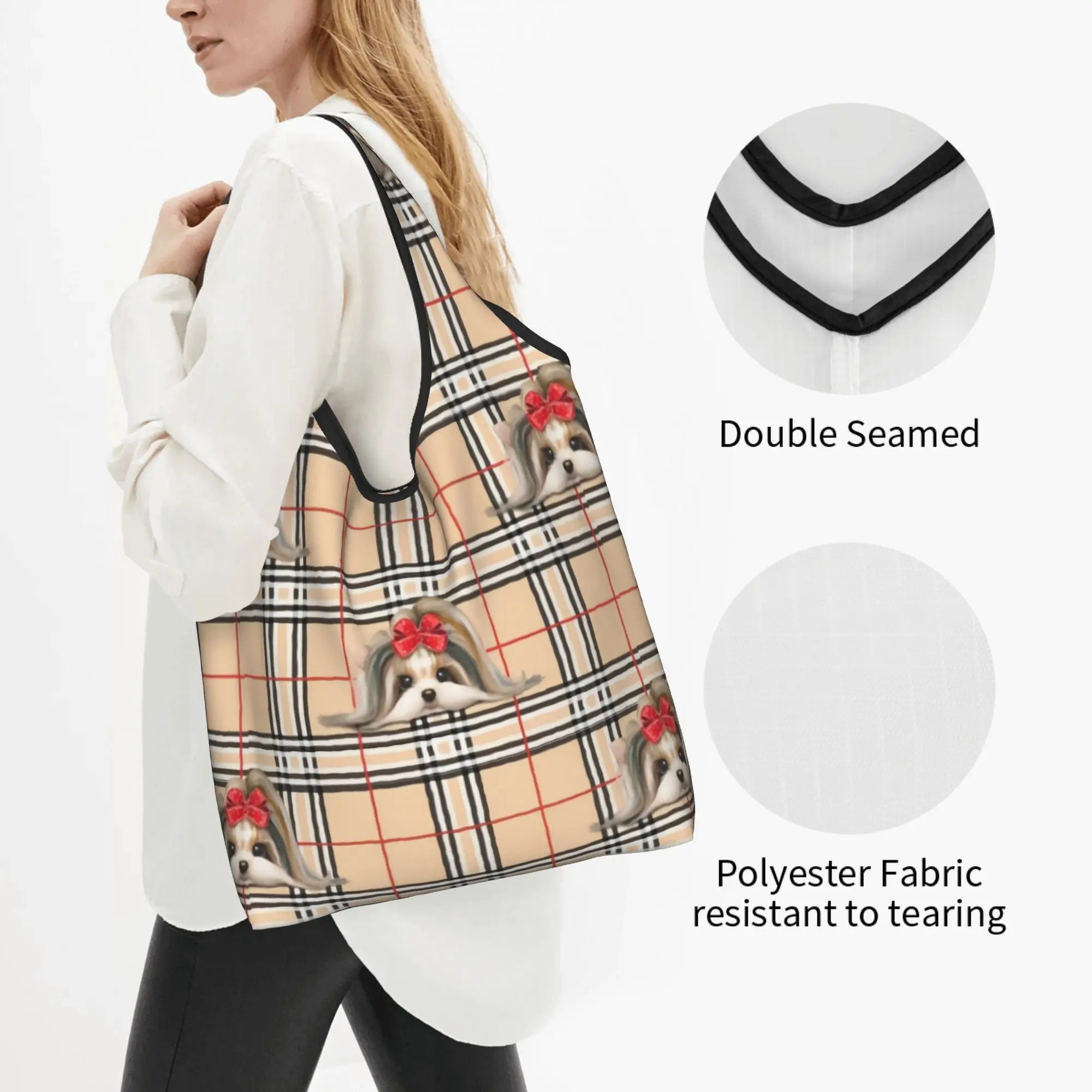 Custom Yorke Dog Yorkshire Terrier Yorkie Plaid  Shopping Bags Women Portable Big Capacity Groceries  Tote Shopper Bags