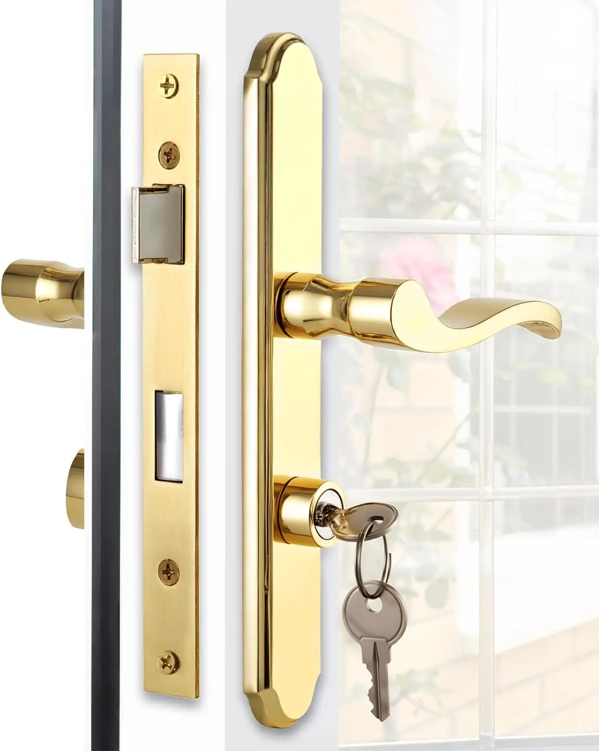 

Flat Slot Storm Door Handle Set with Mortise Keyed Lever Latch and Deadbolt in Bright Gold