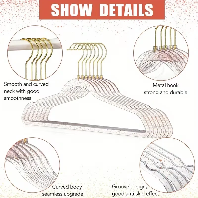 5 High-Quality Heavy-Duty Glitter Acrylic Hangers, Non-Marking, for Home Use, Transparent Plastic Hangers for Clothing Stores, Cute Crystal Glitter Hangers, Transparent Hangers, Durable Plastic Hangers with Sparkling Sequins, Ultra-Thin and Space-Saving Hangers, for Storing Coats, Pants, Suits, Shirts, Skirts, and Dresses, Wardrobe Organizing Hangers