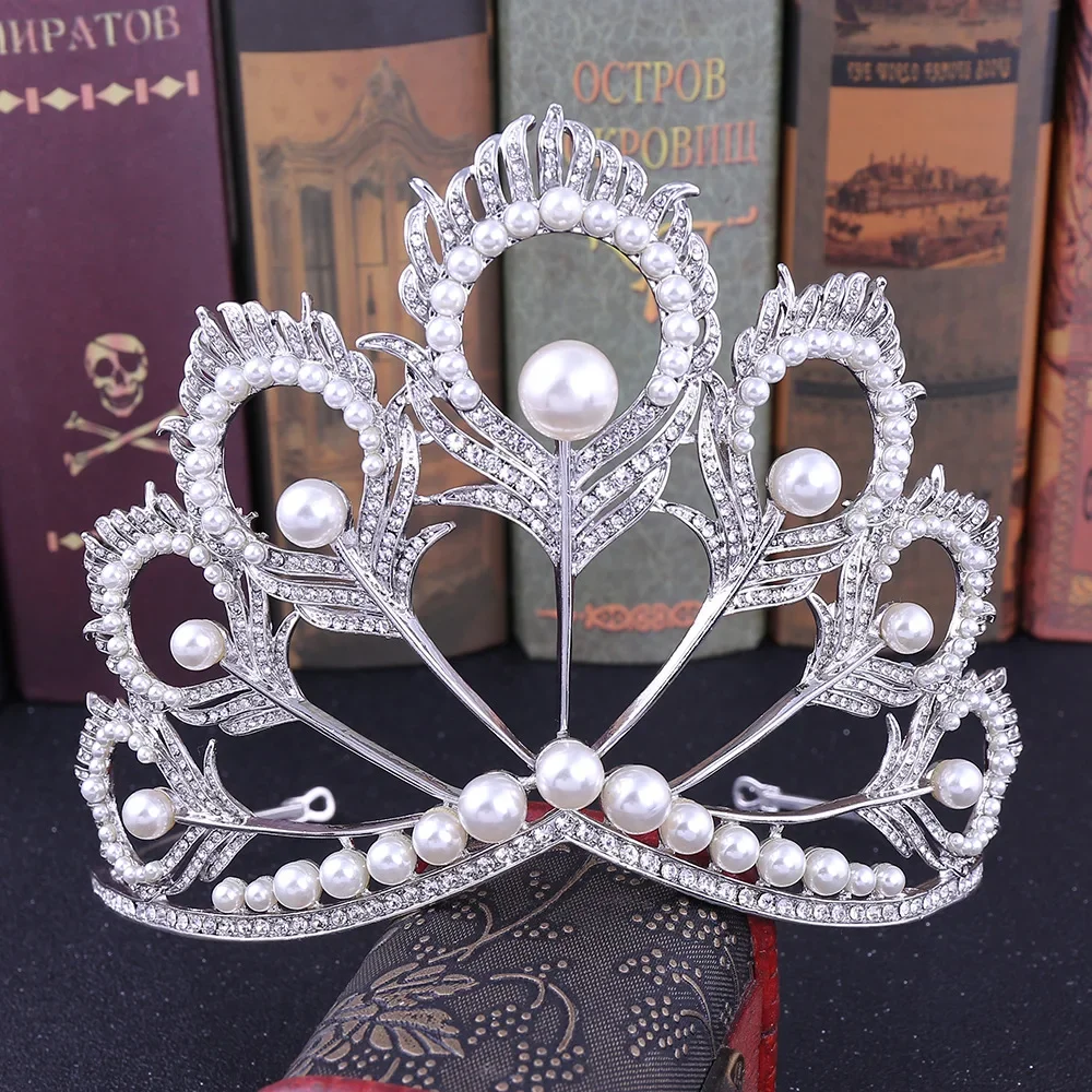 Vintage Baroque Crystal Crowns Peacock Feather Pearl Rhinestone Tiaras Bridal Wedding Hairband Hair Accessories Jewelry