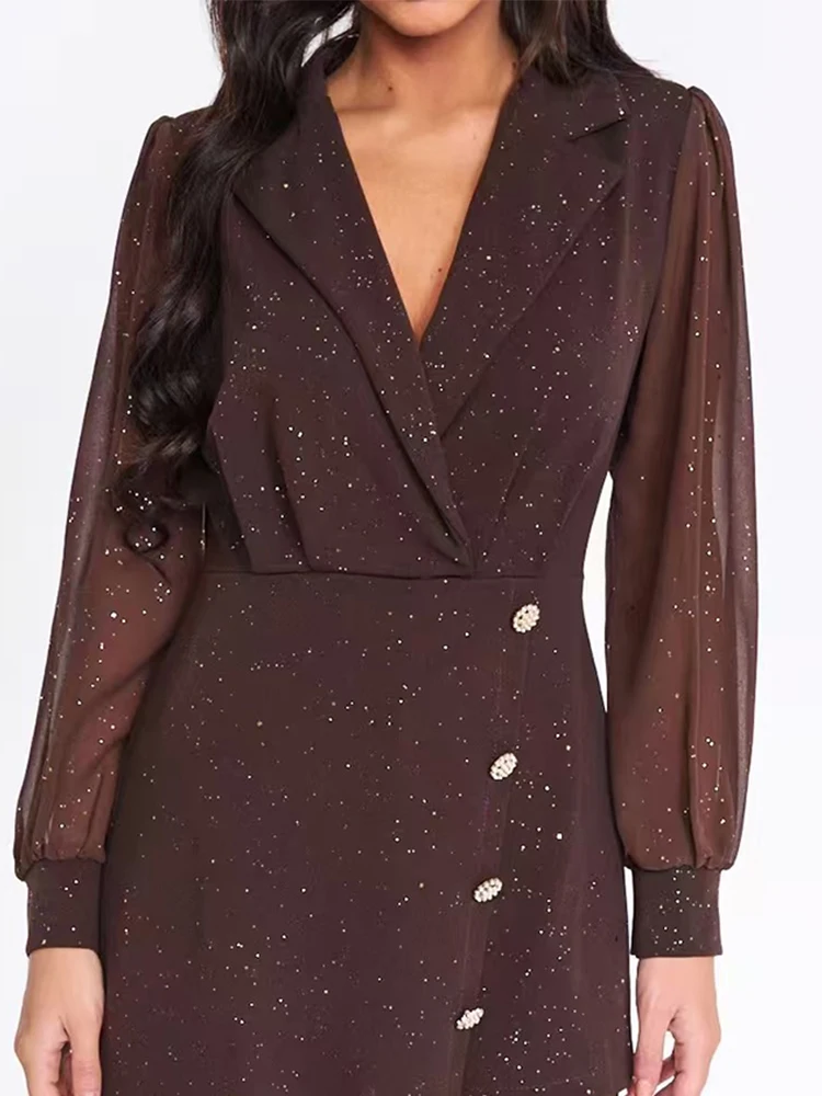 

Женский элегантный короткий комбинезон с высокой талией и пуговицами, сексуальный сетчатый однотонный блестящий комбинезон, сексуальный короткий комбинезон с v-образным вырезом и рукавами-фонариками