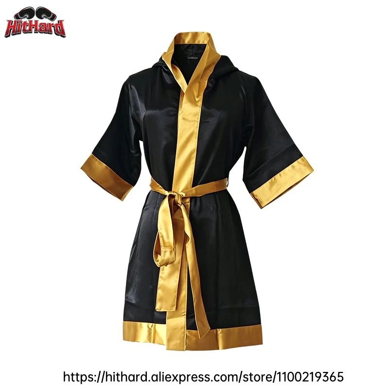 Boxing Robe Satin Hooded Fight Cloak Black Gold Muay Thai Training Gown with Belt Adult Kid Youth Boxer Competition Walkout Robe