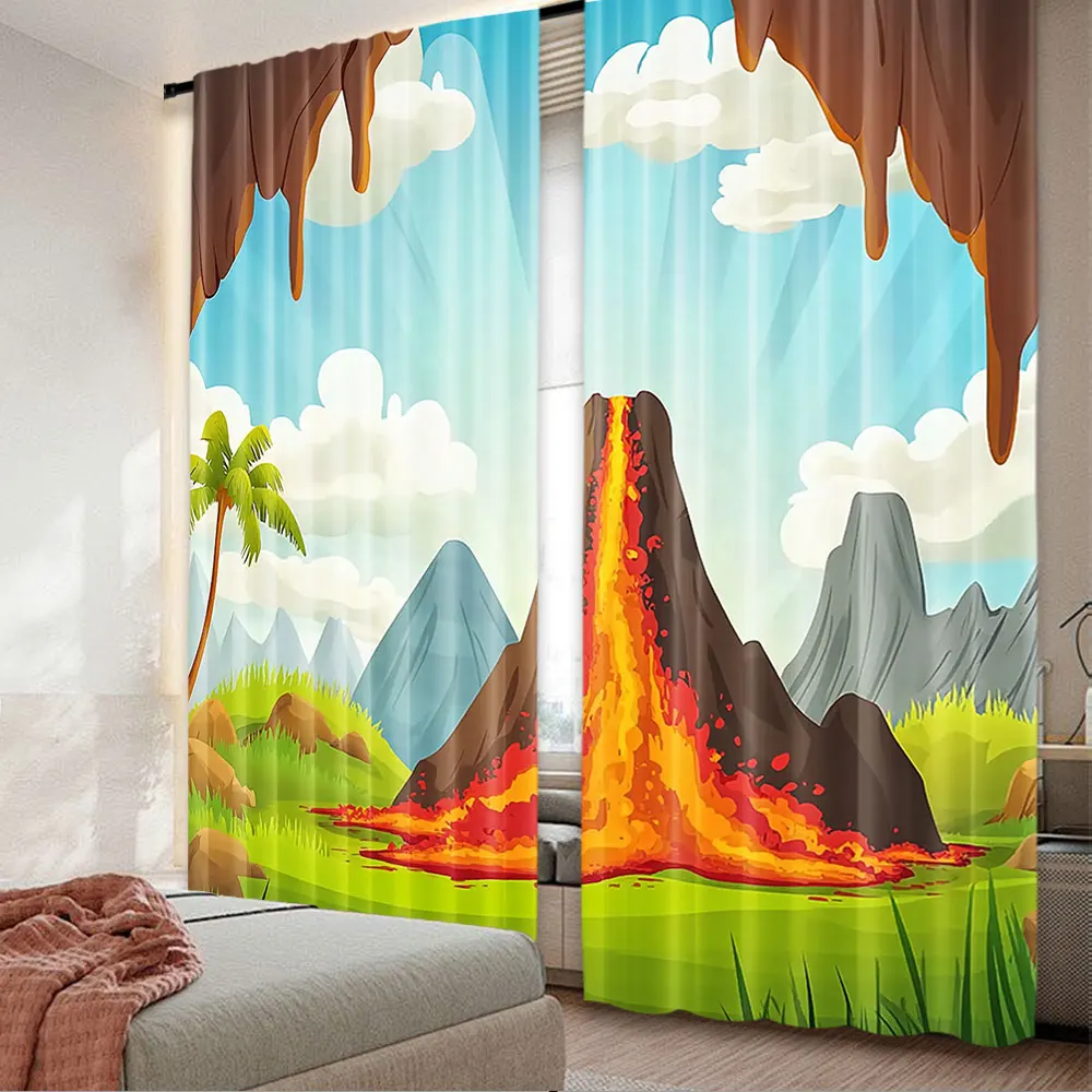 2Pcs Volcano Curtain Prehistoric Landscape With Volcanoes And Green Grass Cloudy Sky Suitable For Bedroom Bathroom Living Room