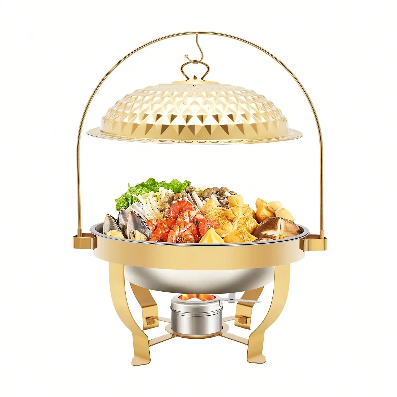 kangten 8.5Qt /8LStainless Steel With Hanging Lid, Countertop Buffet Warmers Sets For Restaurants, Family Gatherings, Wedding, Party(Gold, Round) A Nice Gift , Gold Hanging Lid Dining Stove, Countertop Warming Tray For Parties