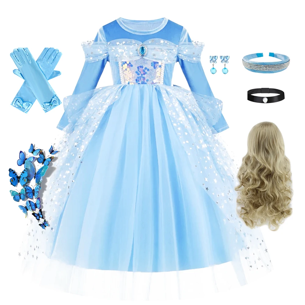 

Синее платье Золушки для девочек, карнавальный костюм принцессы с длинными рукавами, детское бальное платье-сюрприз на день рождения