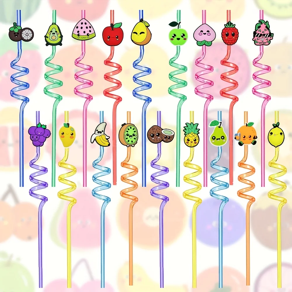 [Reusable Party Straws] 18pcs Reusable Straws with 18 Colorful Fruit Designs - Perfect for Birthdays and Celebrations