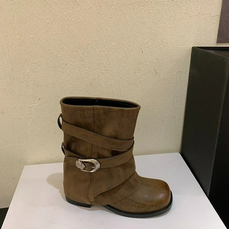 Retro Niche Pile Boots Summer Fashion Women Belt Buckle Block Heel Mid-leg Leather Shoes