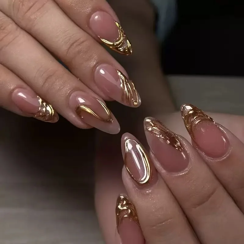 24Pcs Simple Dark Green Long 3D Press on Almond False Nails Wearable Finished Fingernails Nail Art
