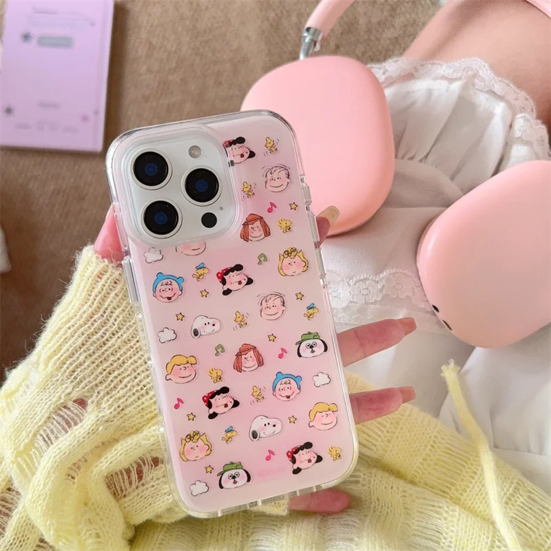 Engraçado dos desenhos animados bonito snoopy charlie marrom uma família feliz capa de telefone para iphone 13 14 15 16 pro max gradiente rosa snoopy caso