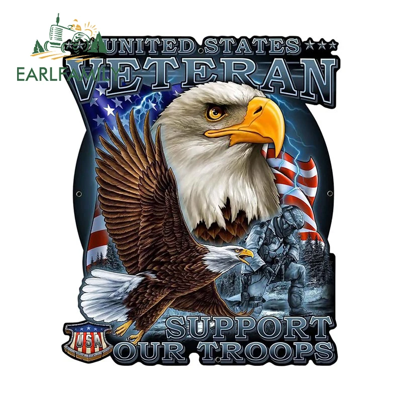 EARLFAMILY 13cm x 11cm Veteran Military Eagle Sticker for Motorcycle Bike Box Toolbox Decal USA Support Our Troops Car Stickers