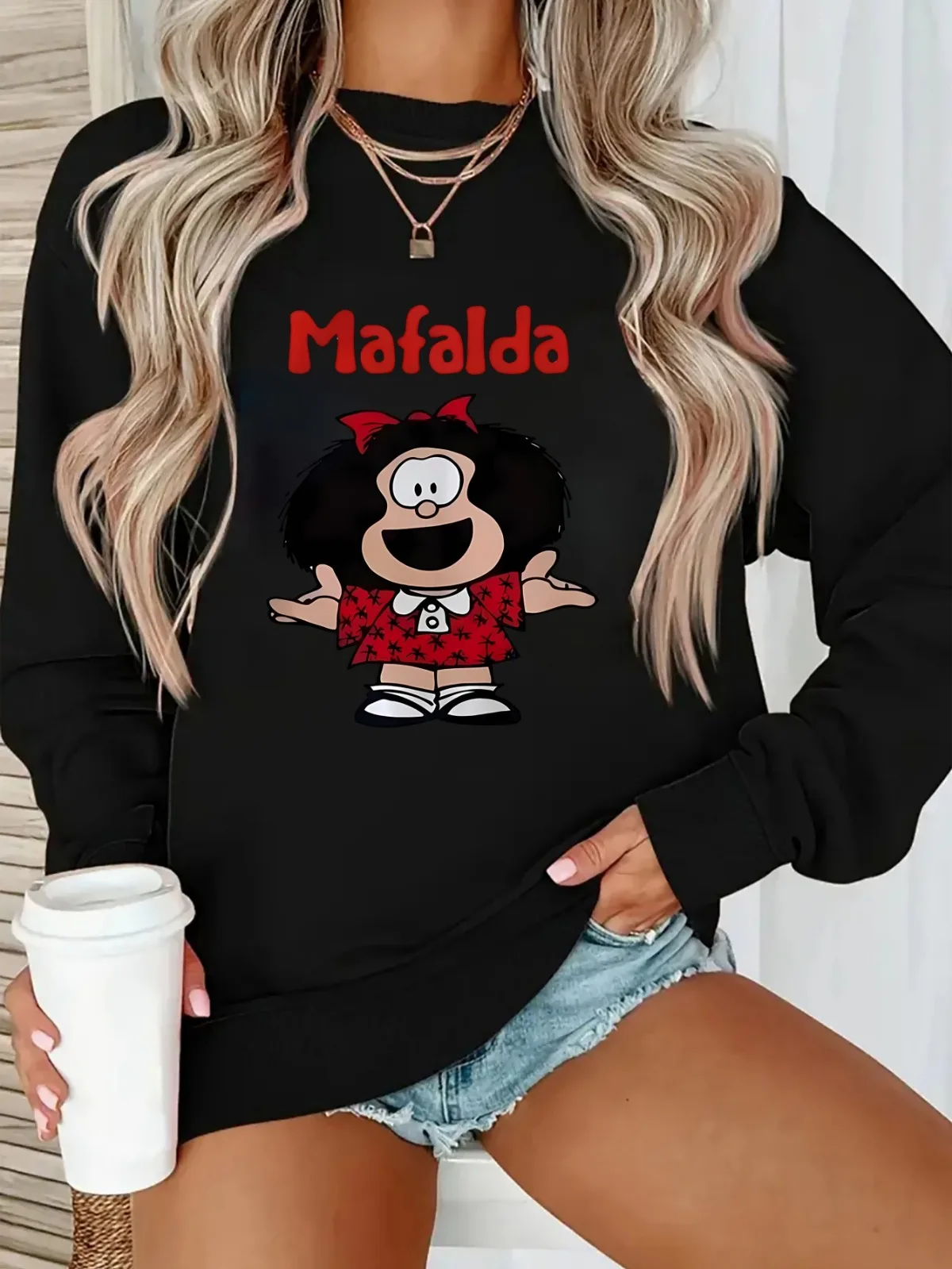 

Женская модная и повседневная толстовка с круглым вырезом и буквенным принтом Mafalda, подходящая для вечеринок, праздников, подарочных пуловеров