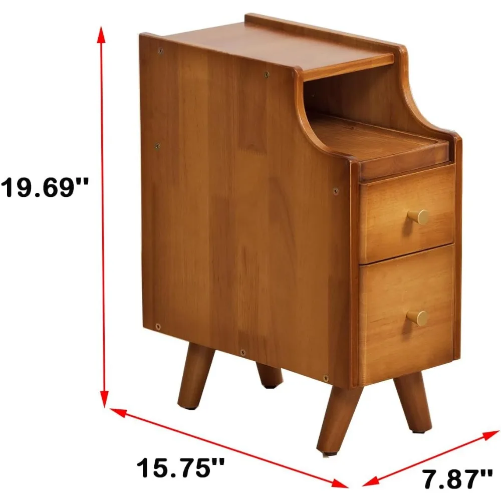 منضدة من الخشب الصلب بدرجين مع رف تخزين، طاولة بجانب السرير ضيقة صغيرة من خشب الجوز، عريضة 7.87 لغرفة النوم