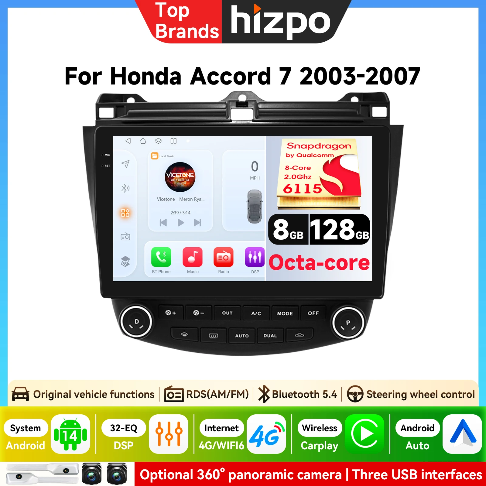 Autoradio Android 2din con CarPlay per Honda ACCORD 7 2003-2007, Sistema Multimediale GPS Intelligente con RDS