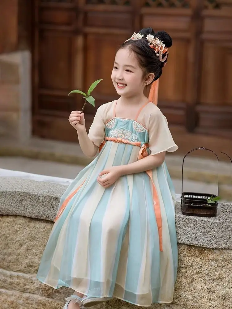 Hanfu gaun lengan pendek anak perempuan, Gaun gaya China harta karun gaya kuno Musim Panas 2024