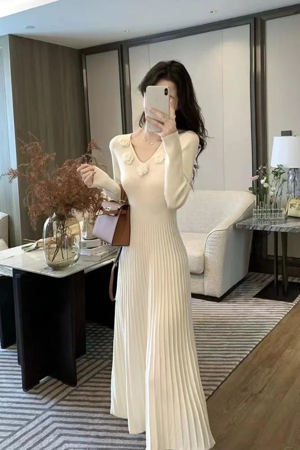 Autumn Winter Women's Knitted Dress Base Layer Sweater Dress Floor-Length Polyester Three Dimensional Flowers Shirts CQ219