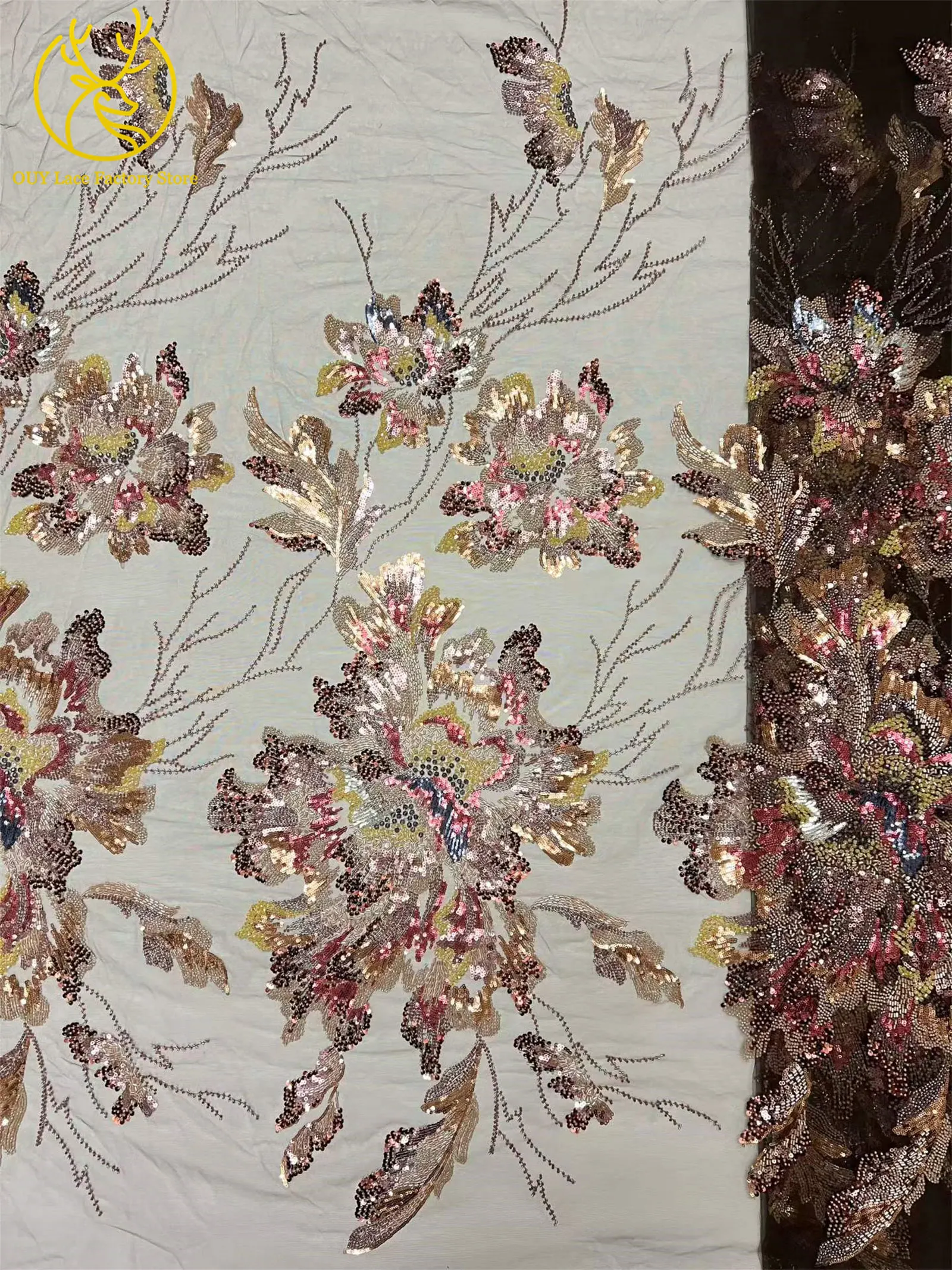 Neuer Stil Luxuriöser Afrikanischer Perlen-Spitzenstoff mit Großen Blumen 2026 Hochwertiger Nigerianischer Pailletten-Spitzenstoff für Brautkleider – Detail 8