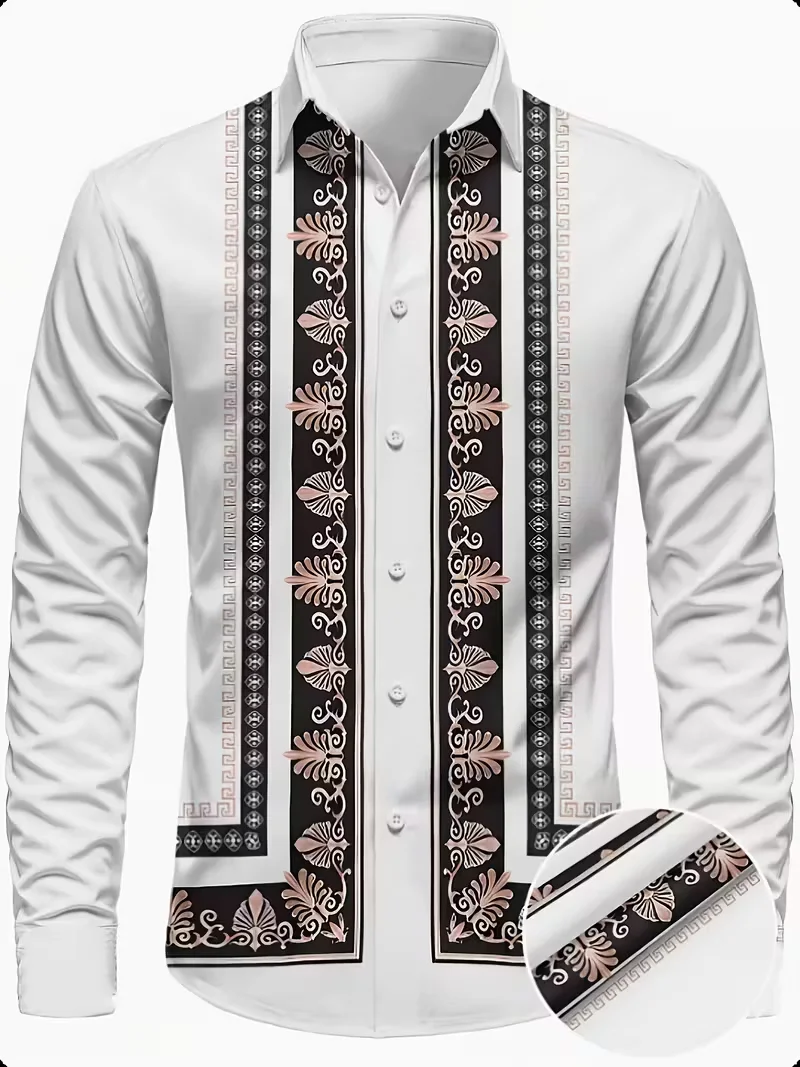 

New men's geometric pattern long-sleeved shirt - spring-autumn style, trendy and retro collar, button-down shirt. Fast shipping.