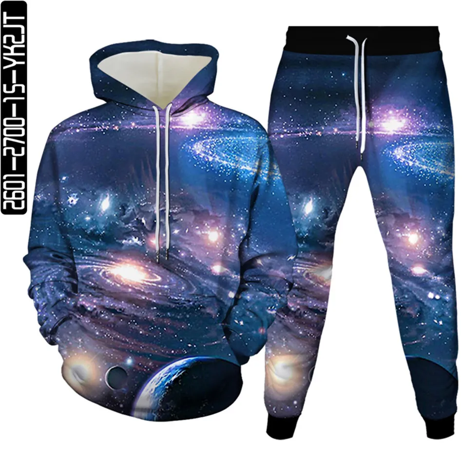 Homens e mulheres de manga comprida agasalho, Universo Galaxy, Planeta, Star Printed Teen Vestuário, Hoodies e Calças, Outono, Harajuku, Conjunto de 2 Peças