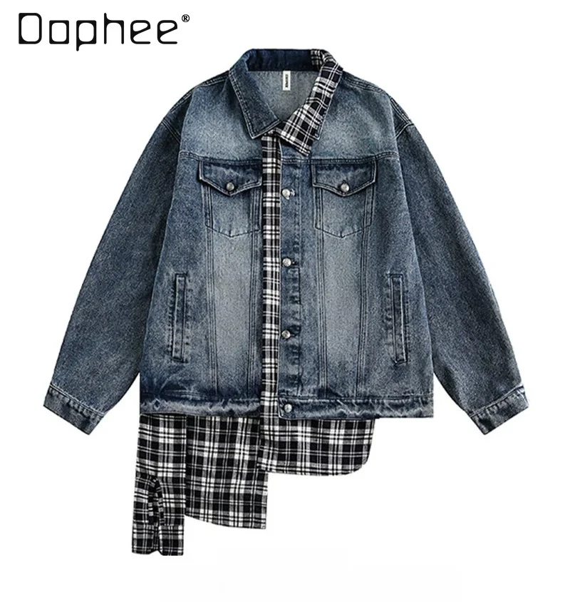 

2026 Spring Autumn New Arrival Men Blue Plaid Irregular Spliced Fake Two Piece Loose Daily Casual Streetwear Denim Jacket