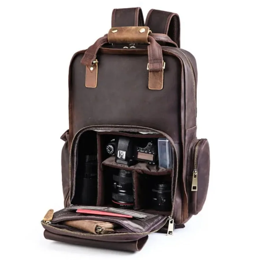 Large Leather Backpack Camera Bag with Tripod Holder Gaetano