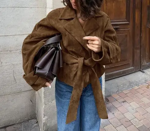 Vintage Brown Women's Autumn Jacket Suede Suit Collar Casual Double Breasted Jacket 2025 Fashion New Product Frosted Velvet Coat