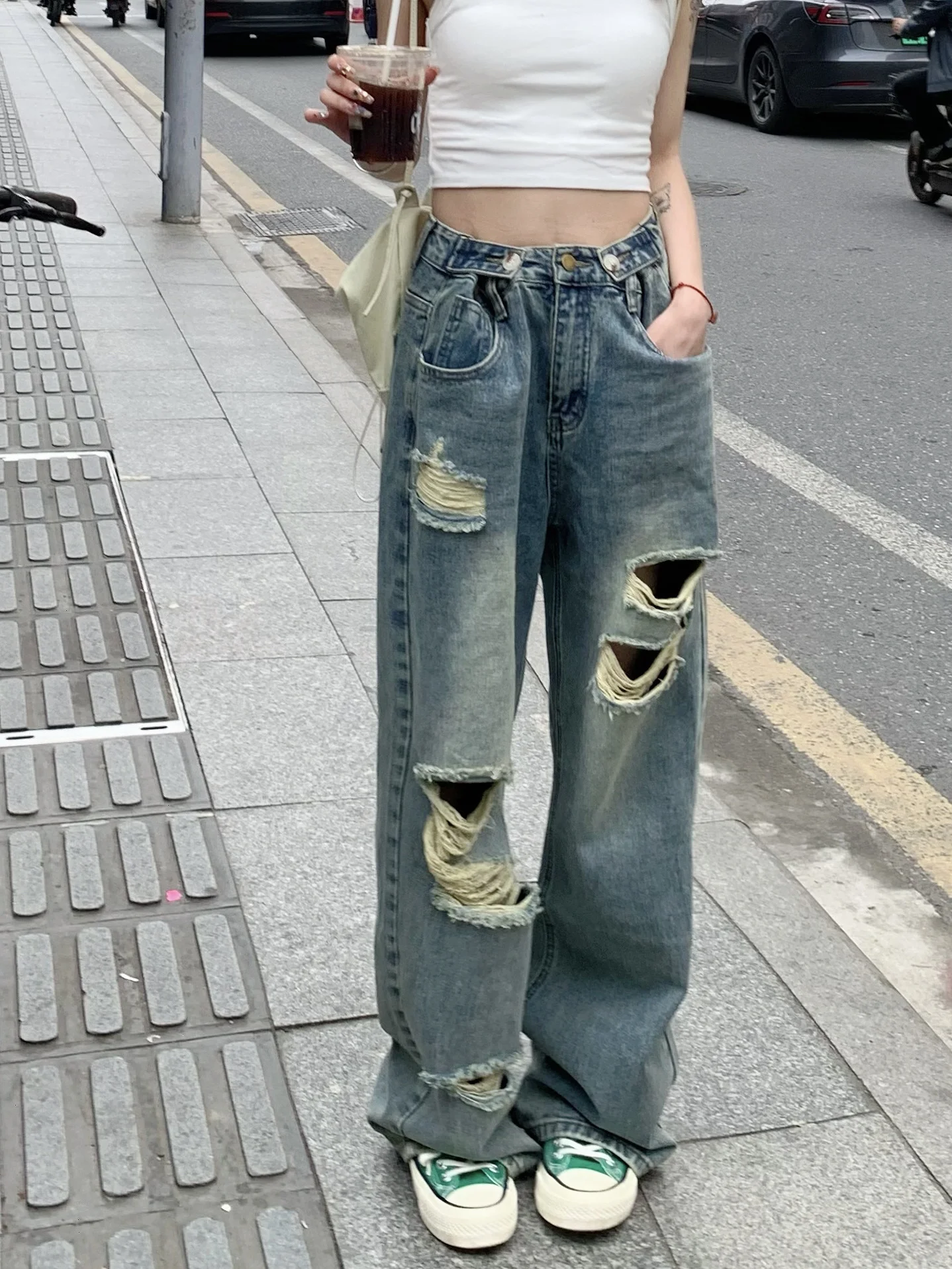 Light Wash Distressed Straight Leg Jeans Women's Spring Autumn plus Size High Waist American Retro Wide Leg Floor Length Pants