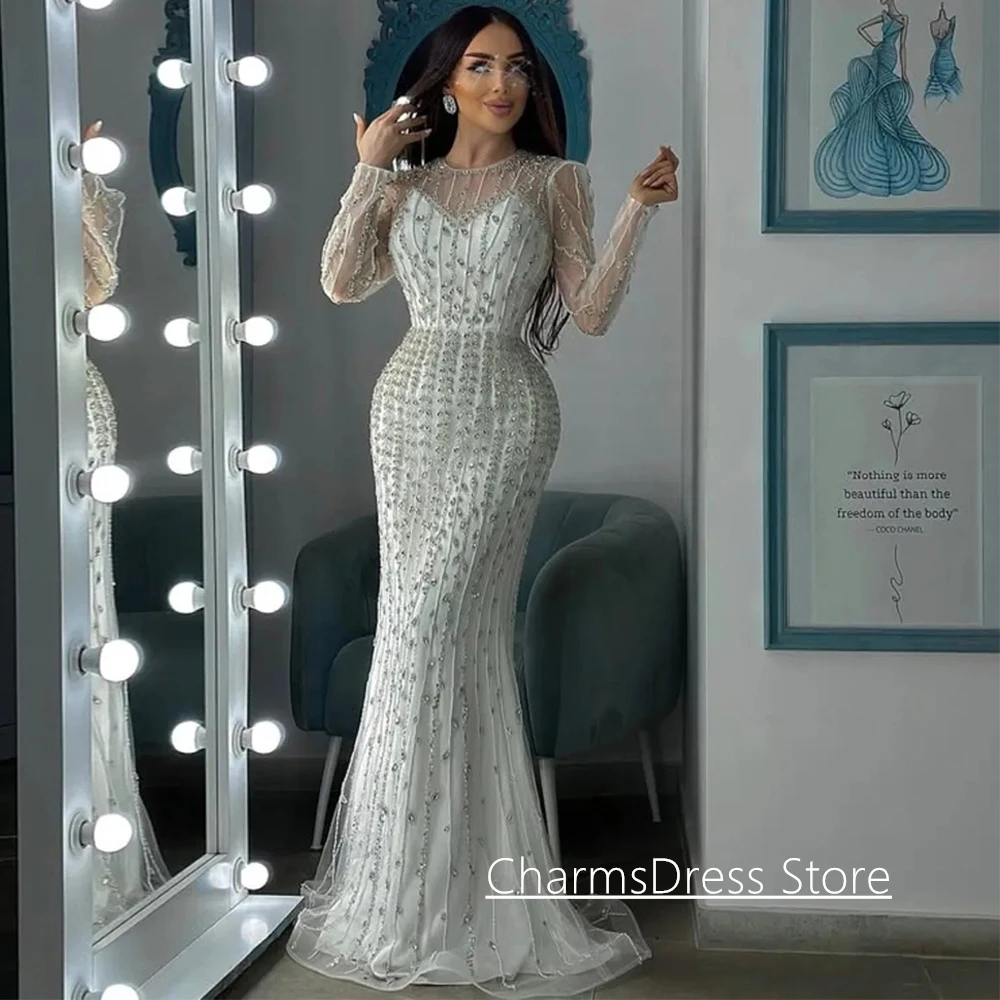Aangepaste Arabische avondjurk elegante ronde hals lange mouwen lovertjes sweep trein zeemeermin feestjurk galajurken
