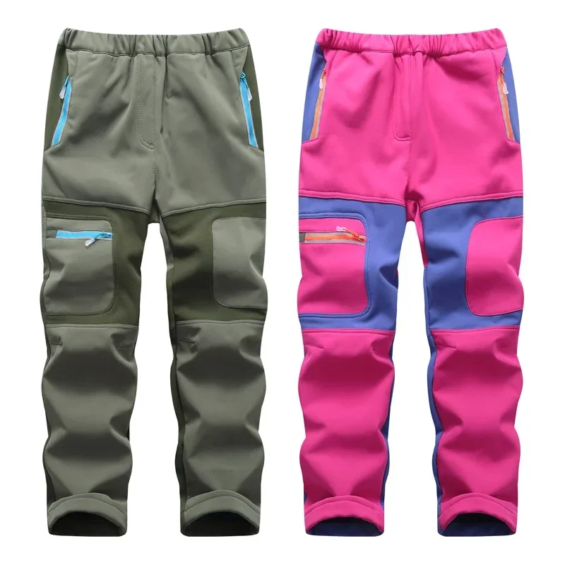 Outdoor Winter Hiking Skiing Fleece Pants Girl Boy Warm Soft Shell Waterproof Kids Camping Climbing Fishing Trousers XMP361