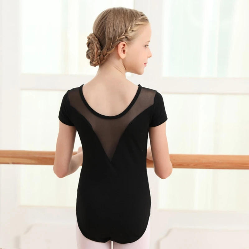 

Children Girls Solid Color Leotard Short / Long Sleeve Kids Dance Ballet Gymnastic Mesh Patchwork Bodysuit Outfit
