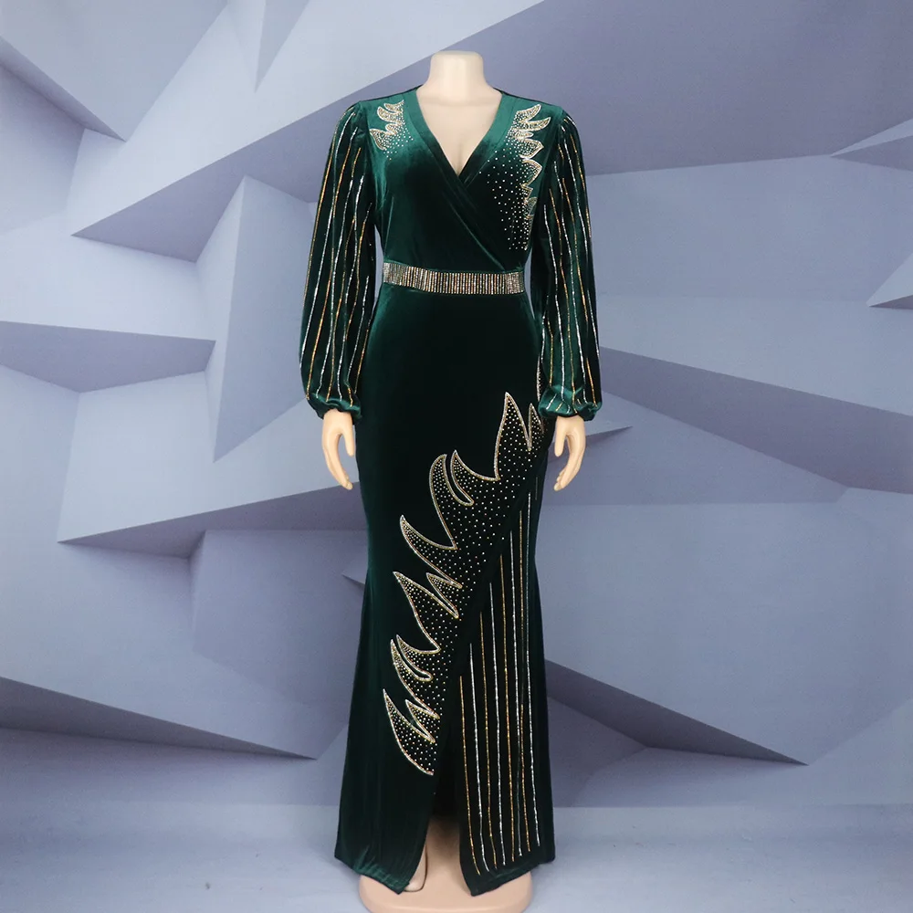 Fashion quality gold velvet studded fishtail dress V-neck long sleeve luxury evening gown