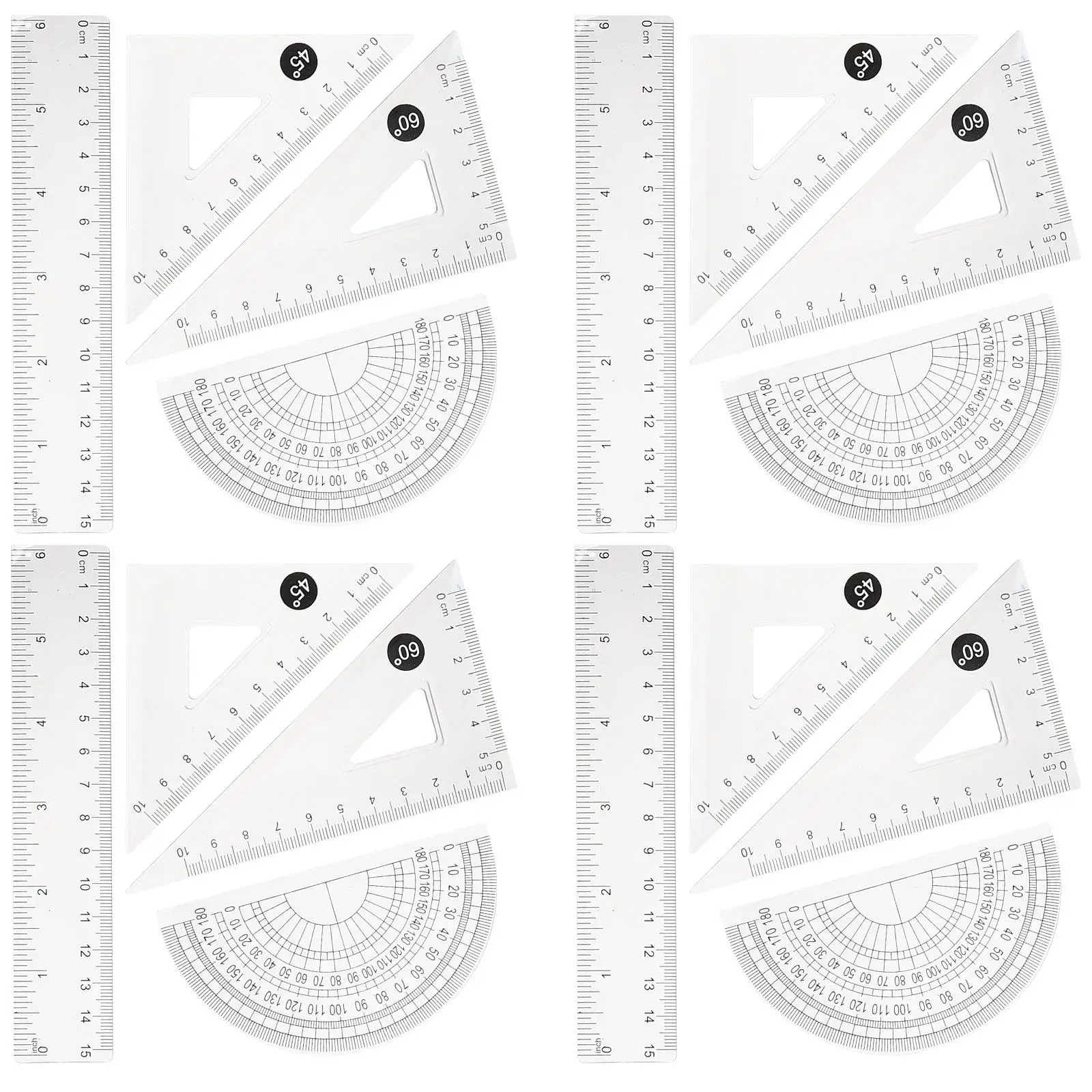 4Sets Drawing Ruler Geometry Set Plastic Professional Drawing Triangle Ruler Protractor Measuring Kit for Students Engineers