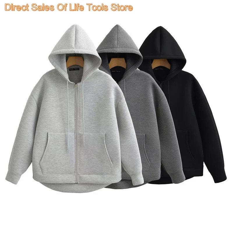 2024 Winter New Women's Zipper Hoodie High Street Unisex style Double Pockets Oversize Loose Sweatshirts Outerwear Top