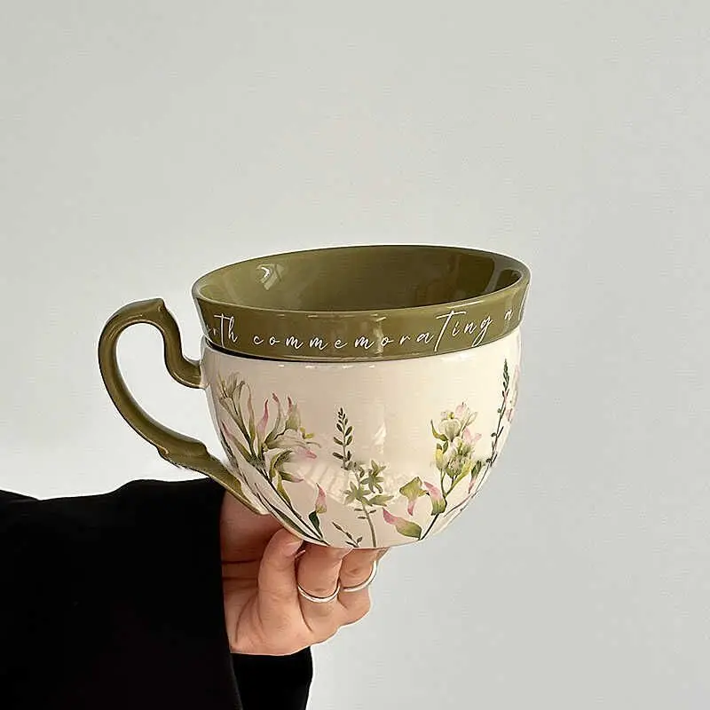 Large Capacity Ceramic Breakfast Cup with Crank Retro Rural Style Coffee Cup Dish Cups Lid Set Household Milk Mug Niche Gift