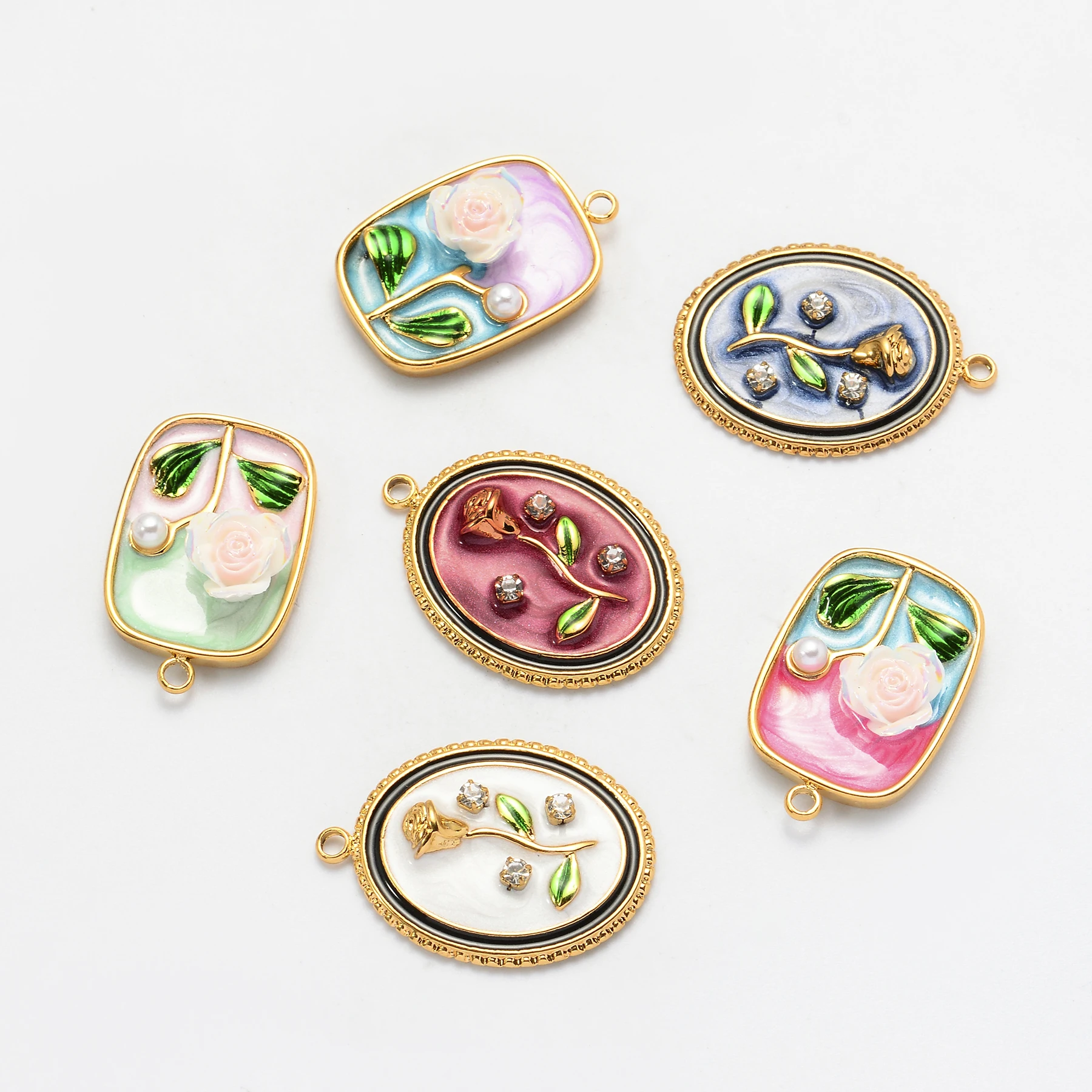 8Pcs Relief Rose Frame Charms Stainless Steel Flower Enamel  Accessories for Making Necklace Earrings Pendant Wholesale
