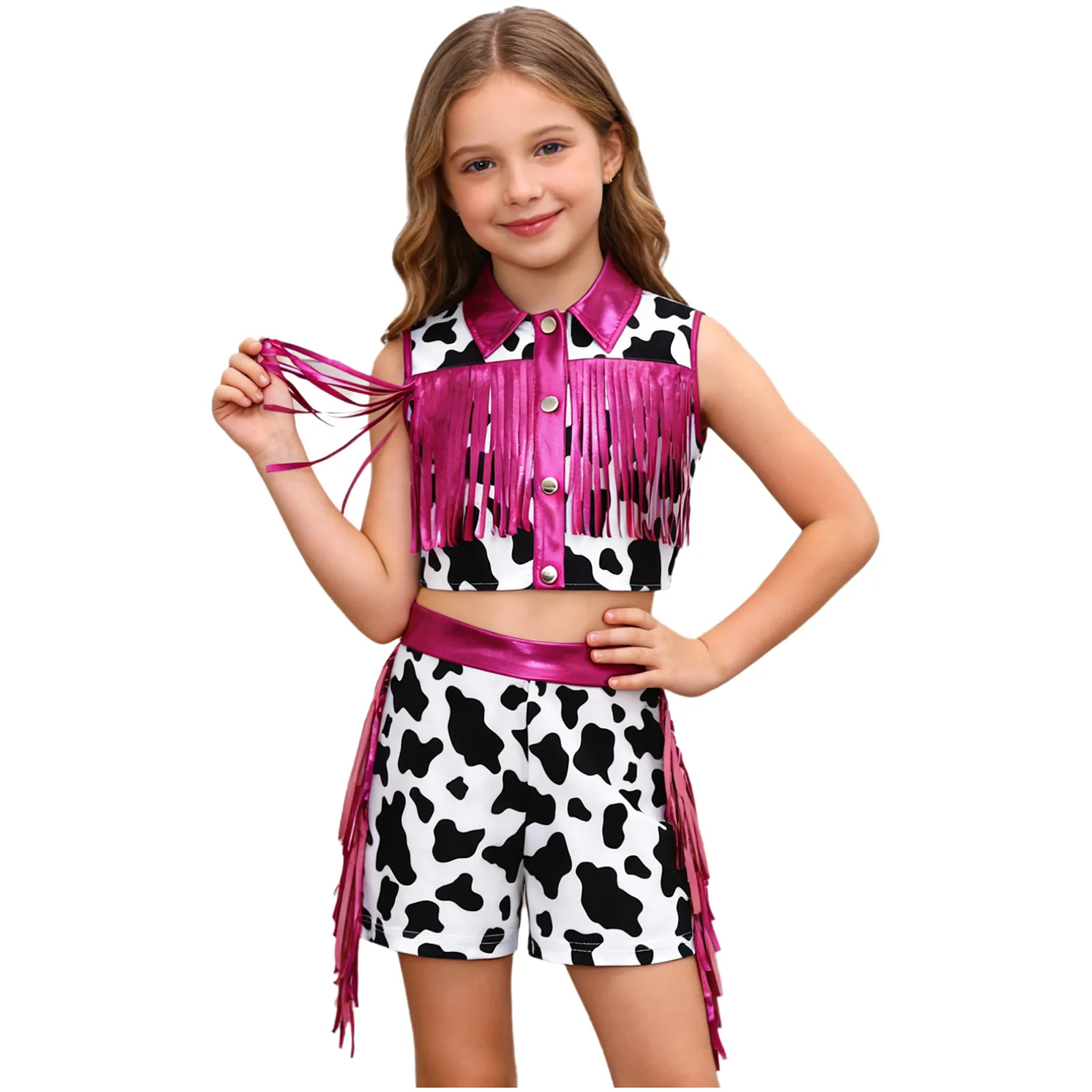 Girl Halloween Western Cowgirl Costume Carnival Party Jazz Dance Outfit Sleeveless Metallic Fringed Crop Tops with Tassel Shorts