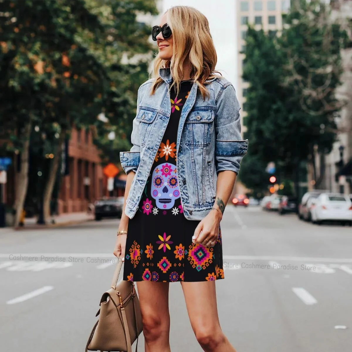 Damenkleid Day Of The Dead Sugar Skull Sommer Casual T-Shirt Kleider Strand Cover Up Tank Kleid