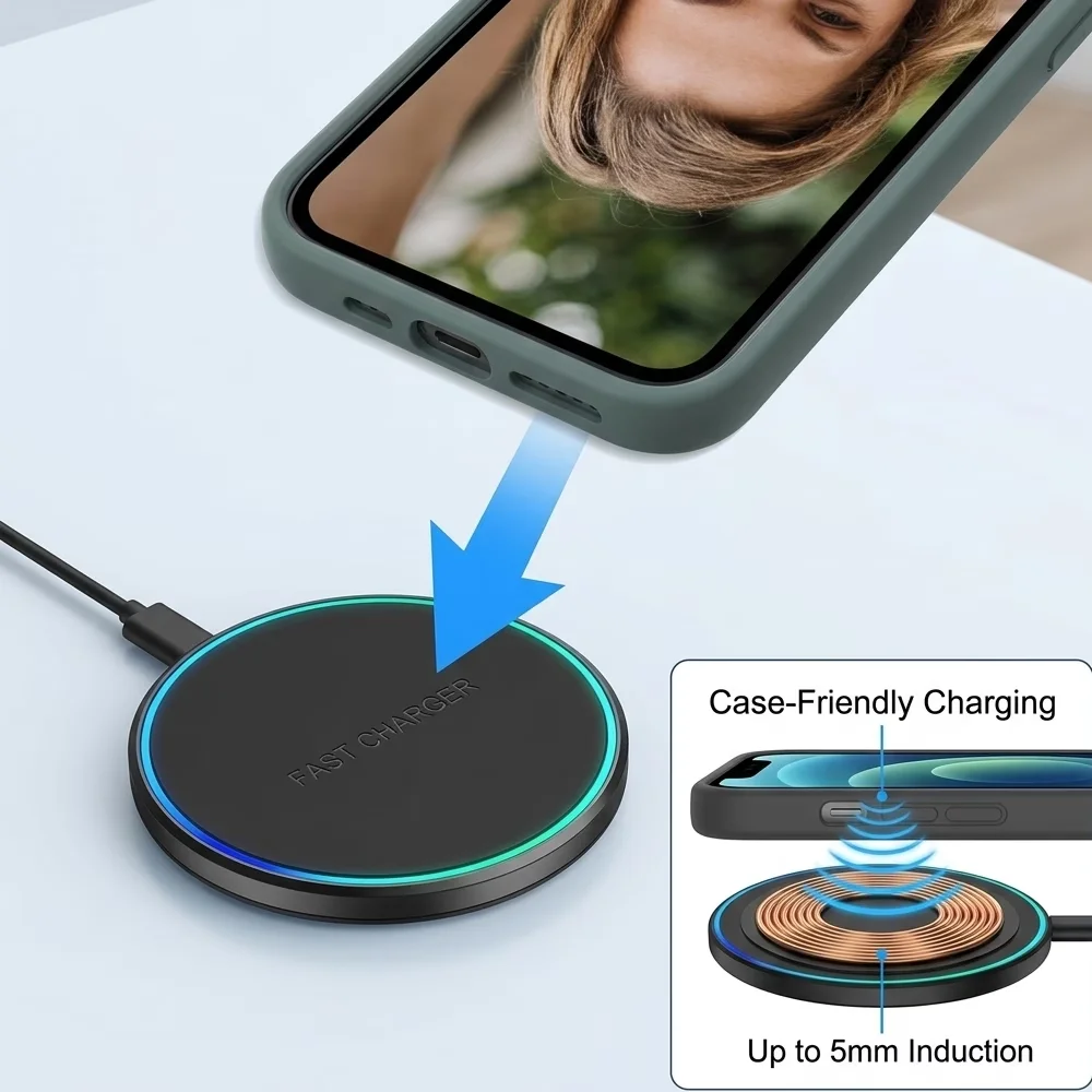 15W Fast Wireless Charger Pad, 6cm Ultra‑Slim Mini Portable Type‑C Input Compact Travel Desktop Charger for iPhone Samsung AirPo view 4