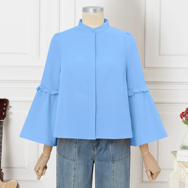 VONDAPlus Übergröße 5XL 2026 Damen Einfarbige Hemden Lange Trompetenärmel Modische Bluse Herbst Frühling Lässige Elegante Bürodamen-Oberteile Tunika