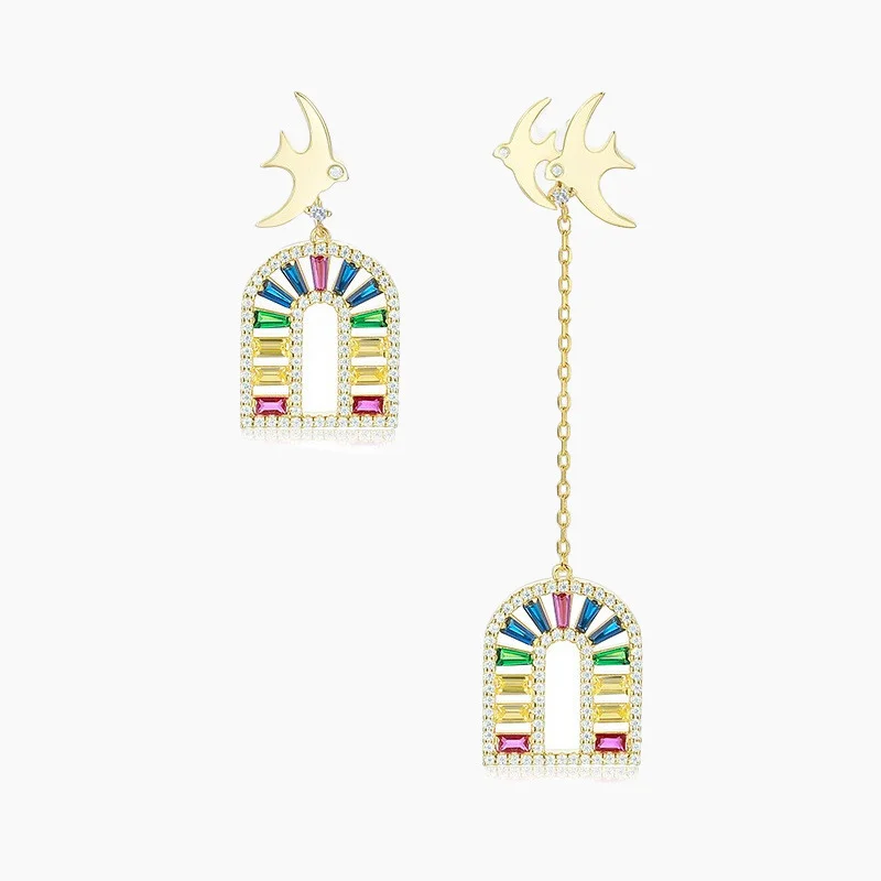 925 Silver Needle Luxury Swallow Rainbow Arch Asymmetric Drop Earrings, Colorful Statement Party Jewelry Gift for Women