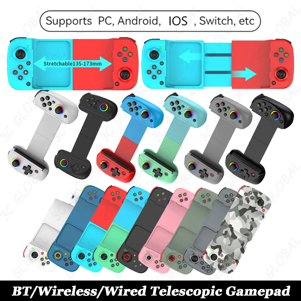 D8/D3 Telescopic Wireless Game Controller Joystick with Turbo/6-axis Gyro/Vibration Wired Gamepad Bluetooth RGB Light for Switch