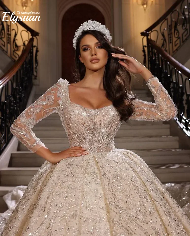 تخصيص سباركلي الكرة ثوب الزفاف مثير الترتر مطرز 3D الدانتيل كم طويل العربية السعودية زي العرائس Vestido De Noiva