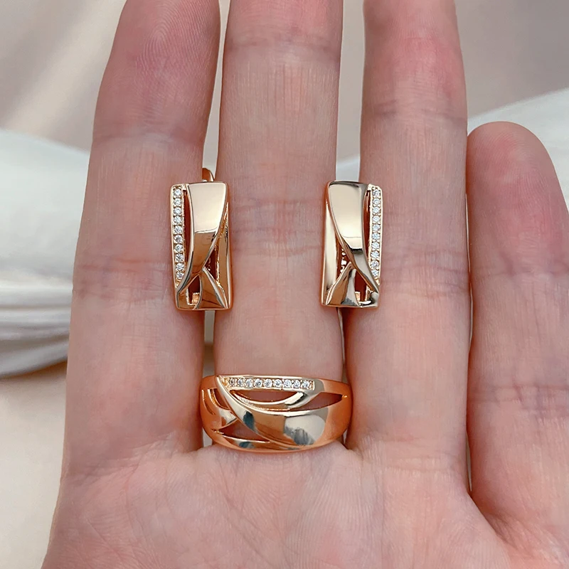 Kinel New 585 Rose Gold Square Drop Earrings Ring Stes Fashion Women Geometry Natural Zircon Ring Fine Daily Boho Jewelry Set