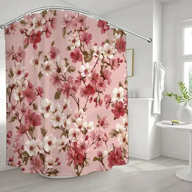 

Pink Cherry Blossom Shower Curtain Waterproof Easy to Clean Privacy Protection Print Floral Art Design Romantic Bathroom Decor