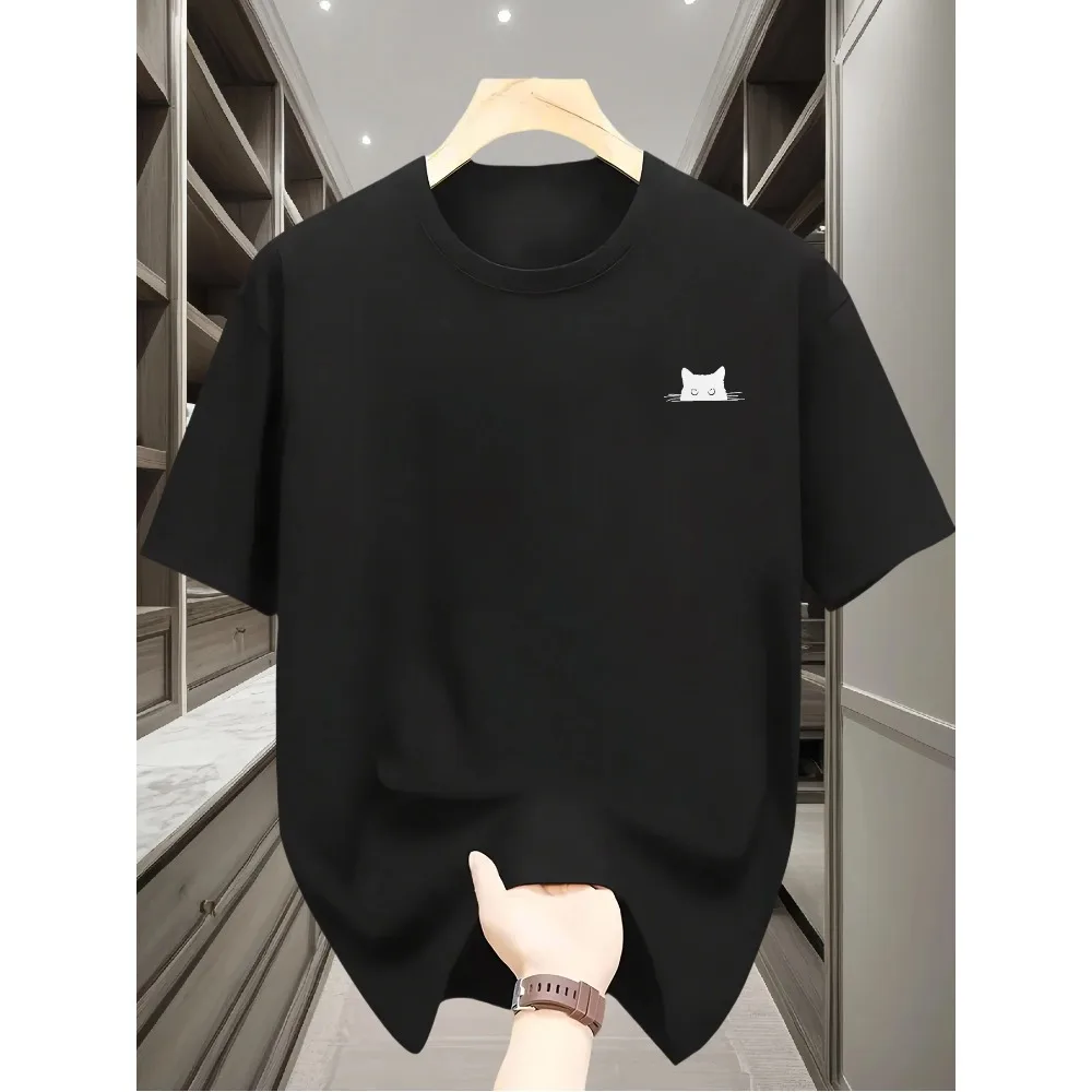 Lady Summer Casual Loose Cat Element Printed Comfortable Round Neck Short Sleeve Minimalist Playful Design Classic Casual Trend