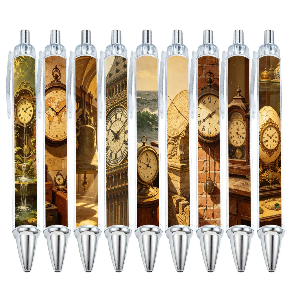 9/18 PCS Vintage Clock Painting Style Ballpoint Pens - Patterns Randomly Shaped