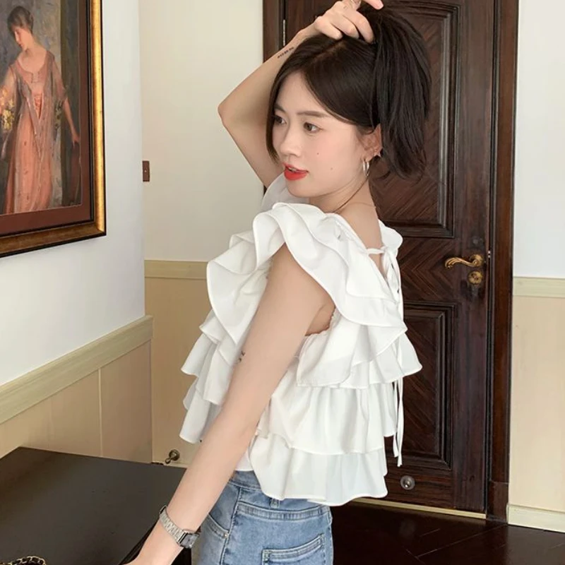 Flying Sleeve Blouses Women Ruffles Sweet Summer Crop Tops Fashion Elegant Square Collar Female Holiday Korean Style All-match