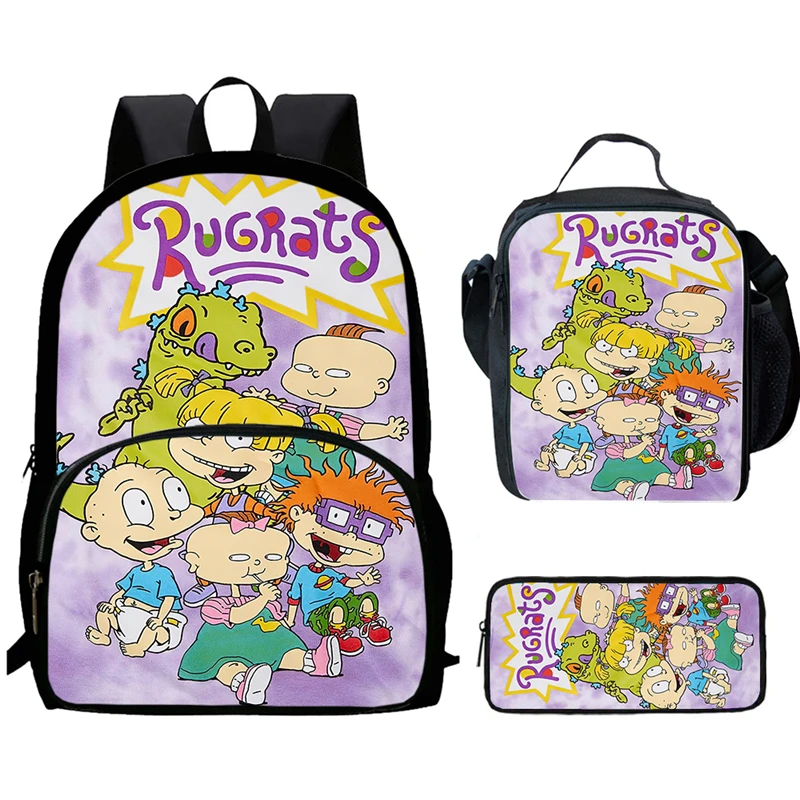 Cartoon R-Rugrats Child Backpack with Front Pocket,Lunch Bags,Pencil Bags for Aged 5-10 ,Cartoon School Bags for Boys Girls