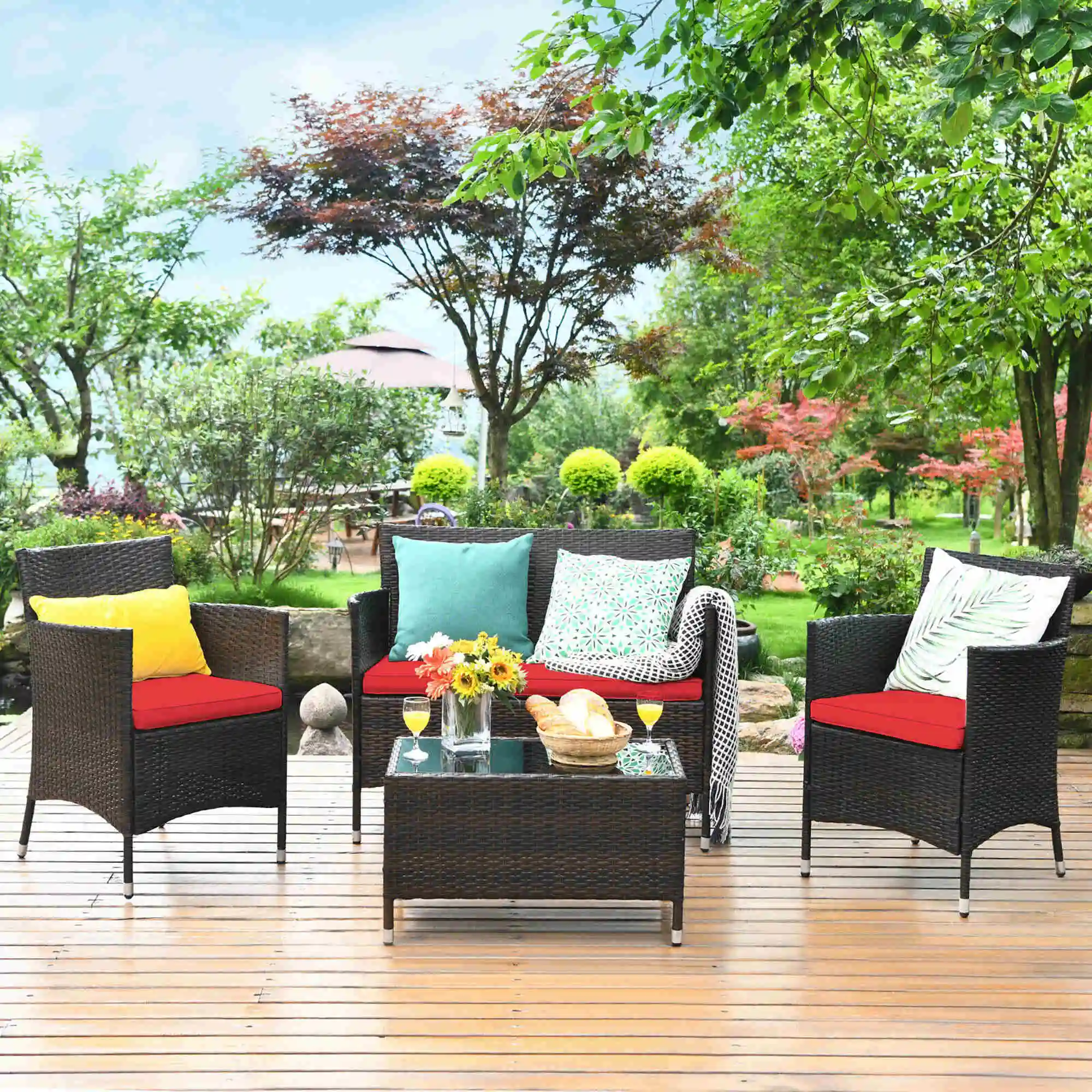 4PCS Rattan Patio Furniture Set Cushioned Sofa Chair Coffee Table Red